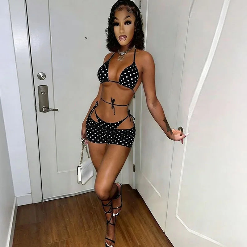 Polka Dot Lace Up Bikini Set with Briefs for Women