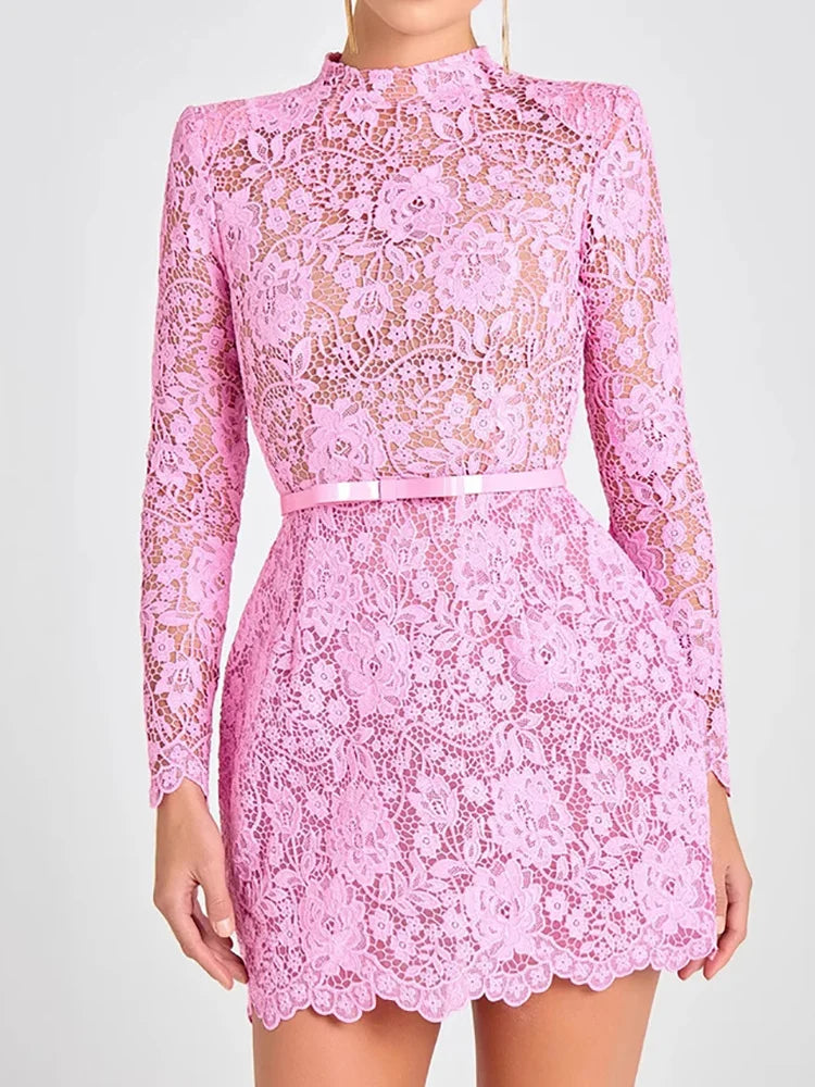 Holiday Round Neck Lace Mini Dress, Women Summer Solid Hollow Out High Street Party Dress, 2025 Full Sleeve Elegant Ladies Dress