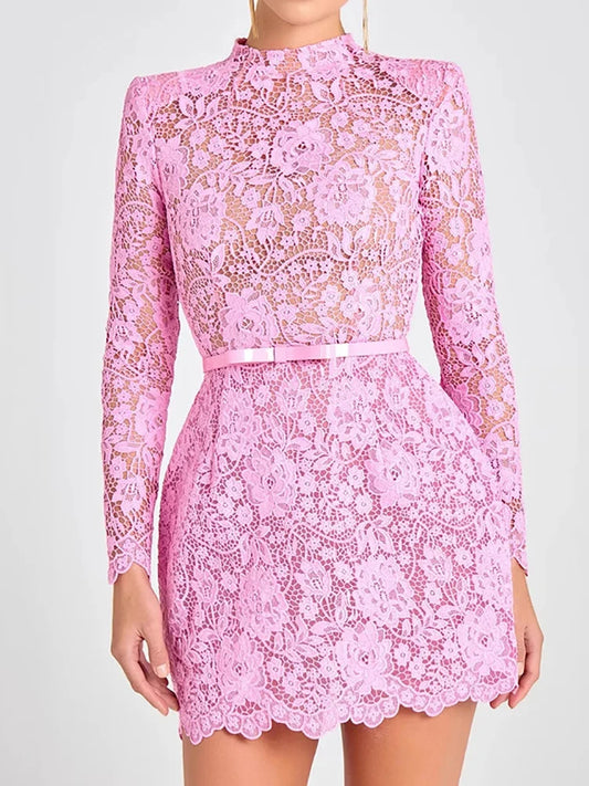 Holiday Round Neck Lace Mini Dress, Women Summer Solid Hollow Out High Street Party Dress, 2025 Full Sleeve Elegant Ladies Dress