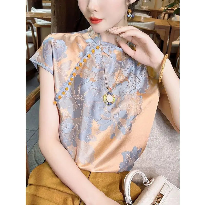 Chinese Inspired Floral Jacquard Satin Blouse For Women