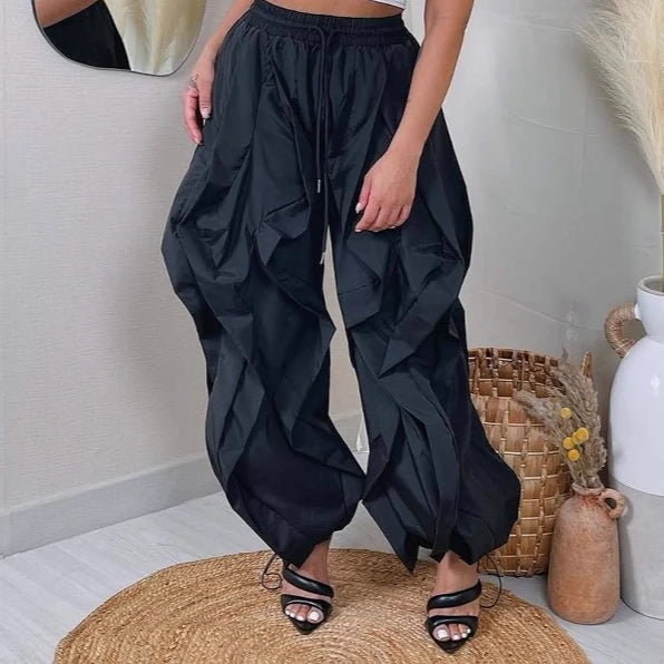 FAGADOER Casual Ruched Patchwork Lantern Sleeve Pants Women High Waist Drawstring Patchwork Pants Female Streetwear Trousers New