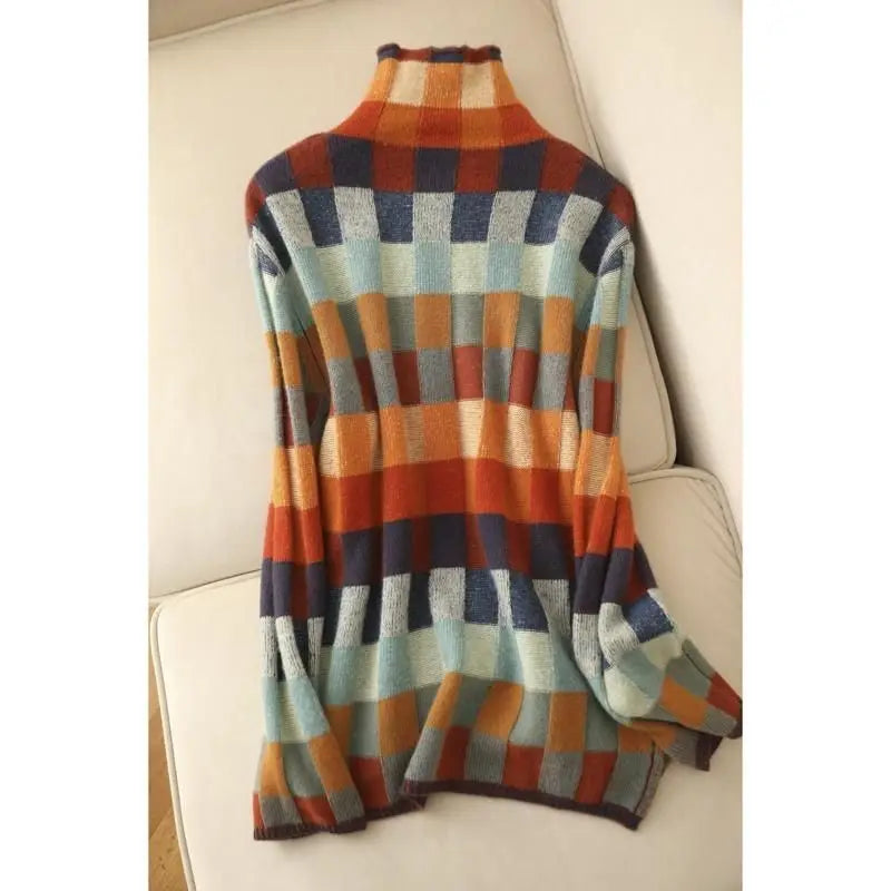 Cozy Thick Knit Turtleneck Sweater With Plaid Pattern For Women