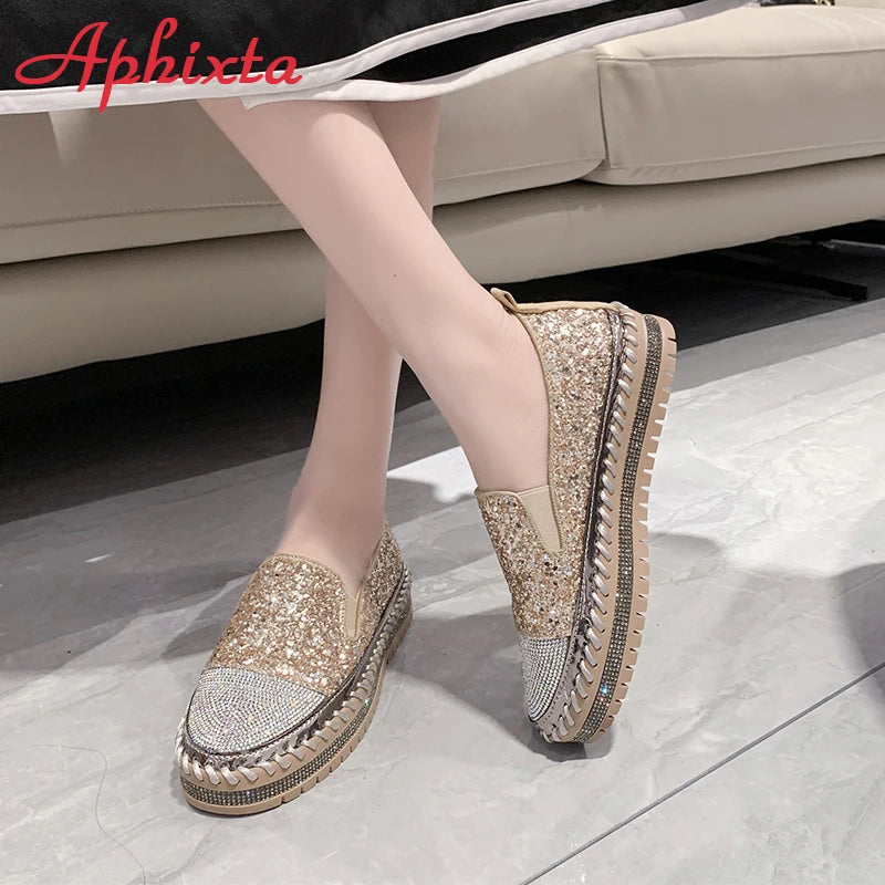 Soft Faux Leather Sequined Platform Loafers For Women