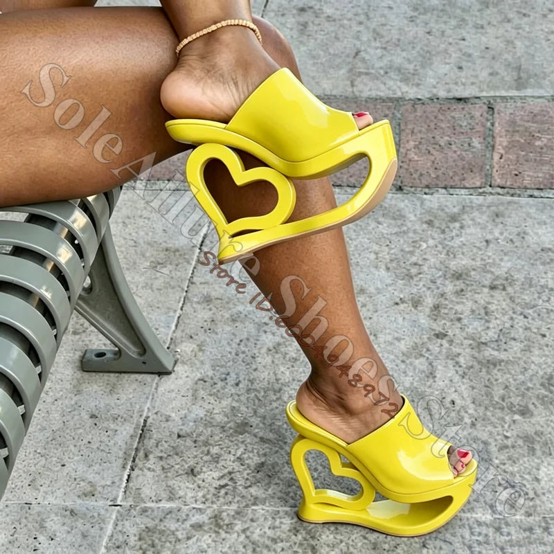 Patent Leather Heart Hollow Sculptural Wedge Mules for Women