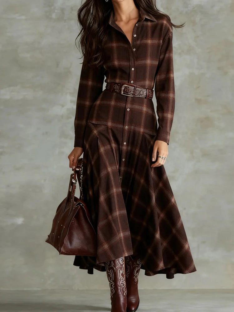 V Neck Printed Patchwork Long Sleeve Maxi Dress for Women