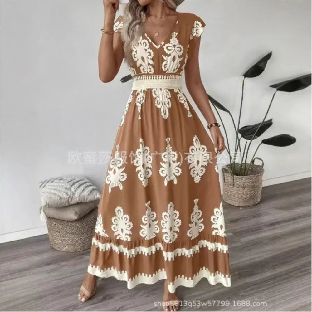 Beach Print Midi with V-Neck and High Waist Dress for Women