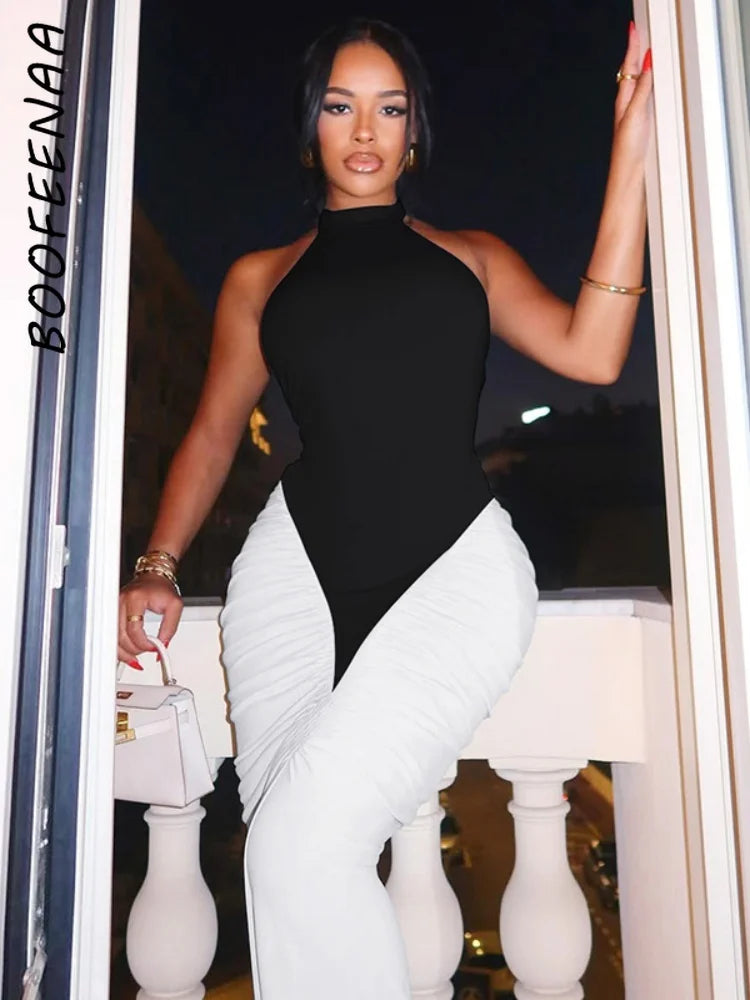 BOOFEENAA Patchwork Halter Backless Maxi Dress for Dinner Evening Gown Sexy Elegant Party Dresses for Woman Fall 2025 C15-CH41