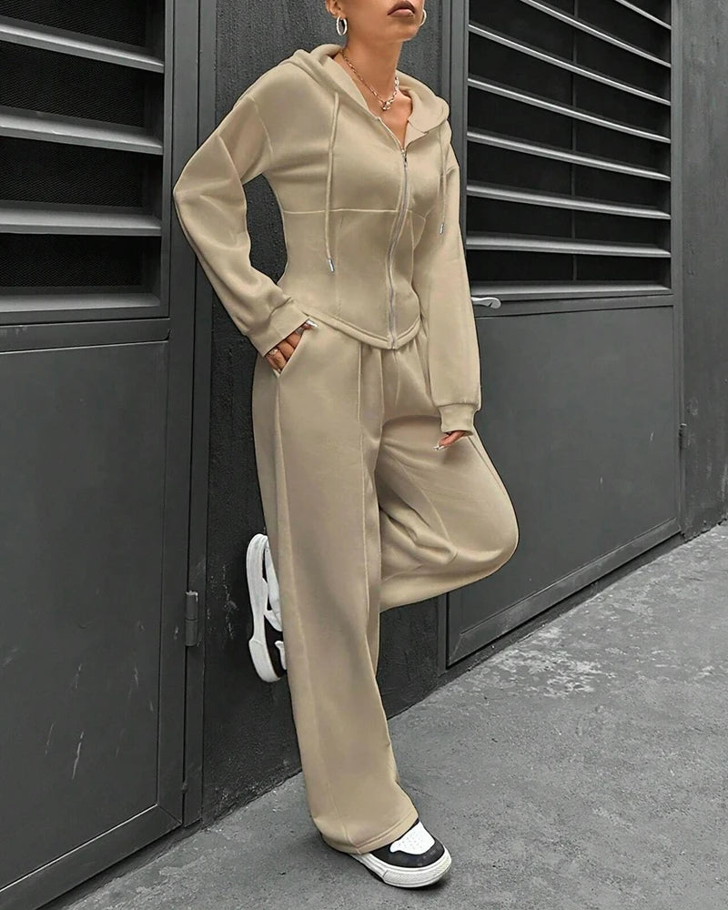 2 Pieces Pants Set Long Sleeve Zip Fly Slim Fit Hooded Top and Casual Wide Leg Pants Set