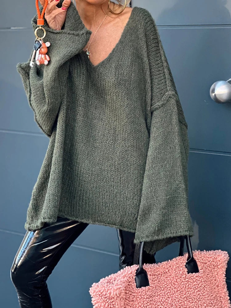 Casual V Neck Patchwork Simple Tops, Women Autumn Winter Long Raglan Sleeve Solid Sweaters, 2025 Loose Straight Ladies Pullovers