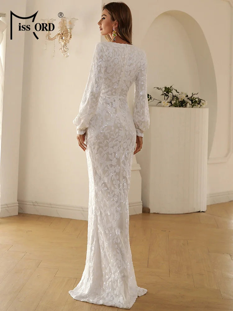 Missord White Long Evening Dresses Women Sexy Deep V Neck Lantern Sleeve Thigh Split Maxi Party Prom Dress Elegant Bodycon Gown