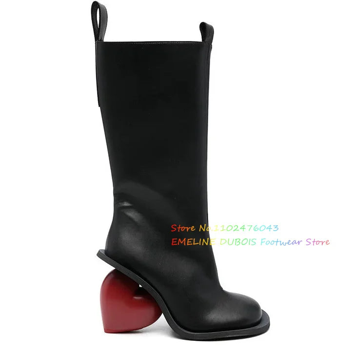 Black Leather Side Zip High Heart-Shaped Heel Knee High Boot Women Square Toe Double Pull-Tab Retro Long Boot for Ladies