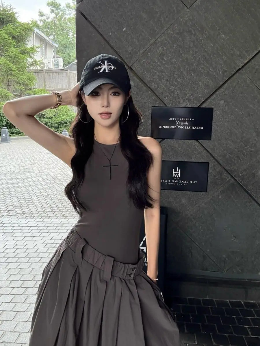 Gray High Waist Button Placket Midi Dress For Women