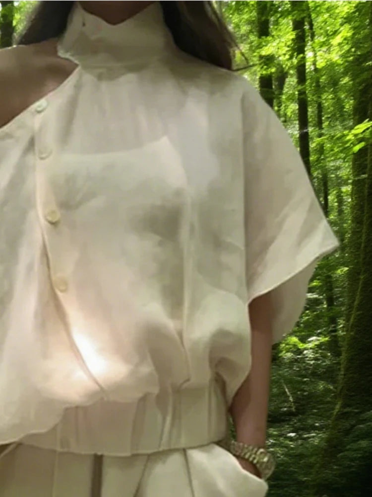 elegant women's clothes fashion Irregularity Loose Hollow Solid Color Cold Shoulder Blouses&Shirts lady's creamy Tops