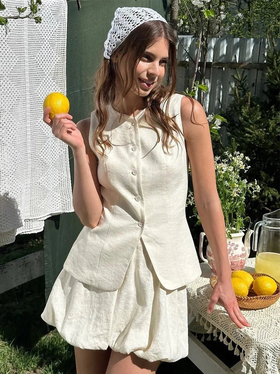 Casual Cotton Sleeveless Mini Skirt And Top Set for Women