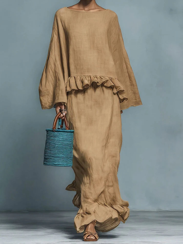 O Neck Long Sleeve Two Piece Maxi Skirt Set for Women