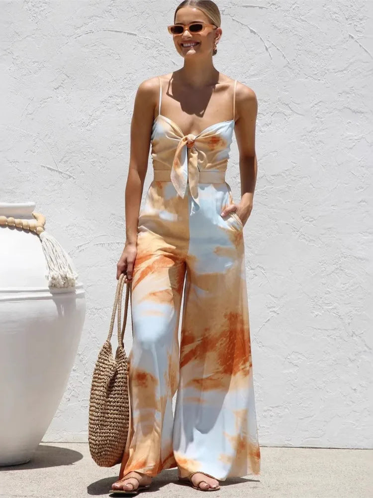 Printed Spaghetti Strap Bowknot High Waist Jumpsuit for Women