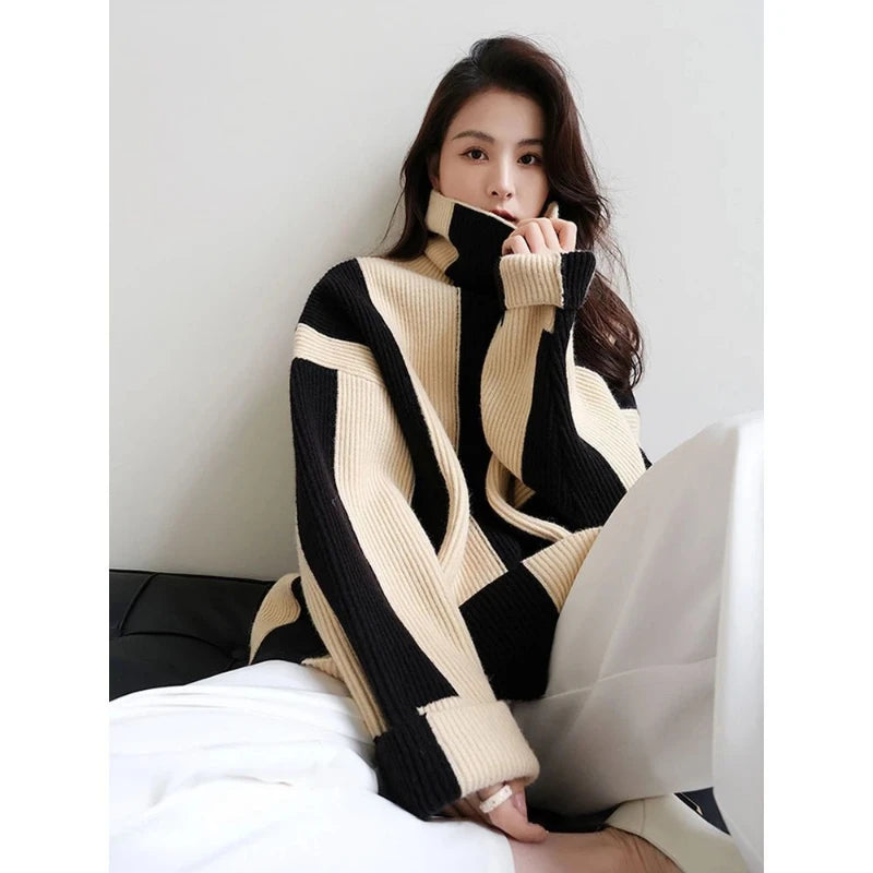 Relaxed Fit Striped Turtleneck Knit Sweater for Women