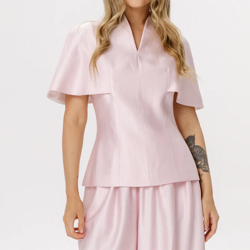 Casual V-Neck Top and Wide-Leg Pants Set for Women