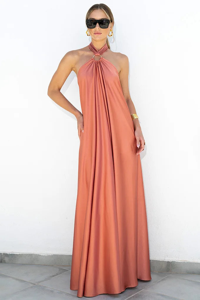 Backless Halter Neck Satin Evening Dress for Women