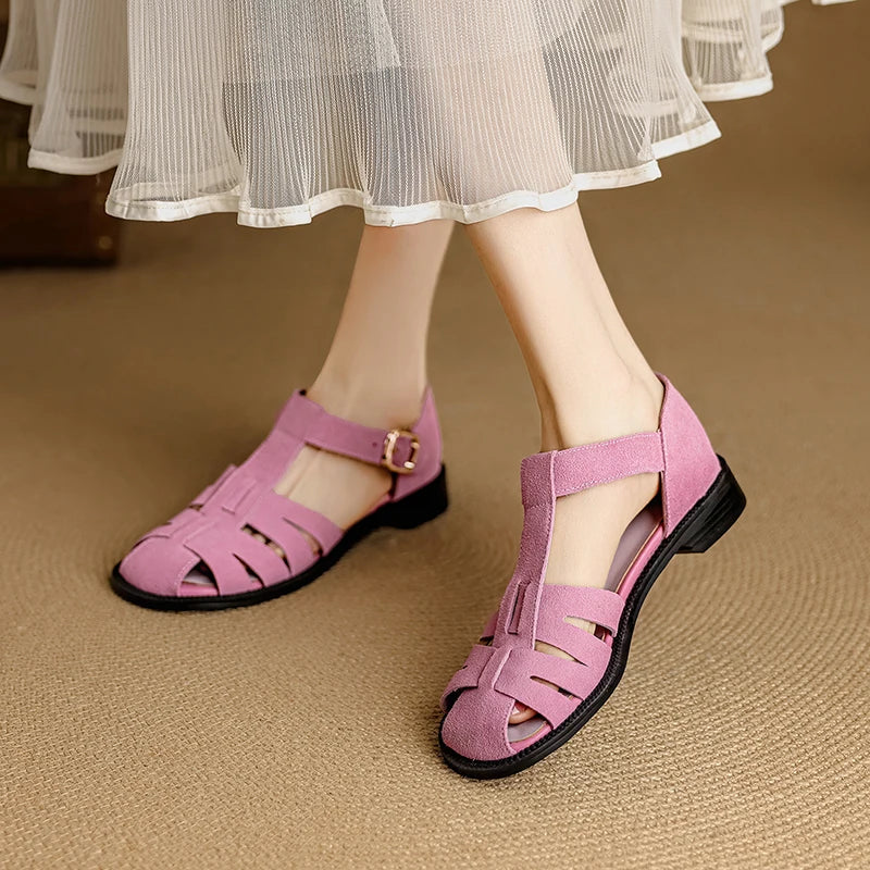 Retro Cowsuede Buckle Strap Closed Toe Sandals for Women