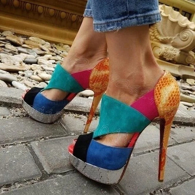 Colorful Patchwork Snakeskin Platform Sandals for Women