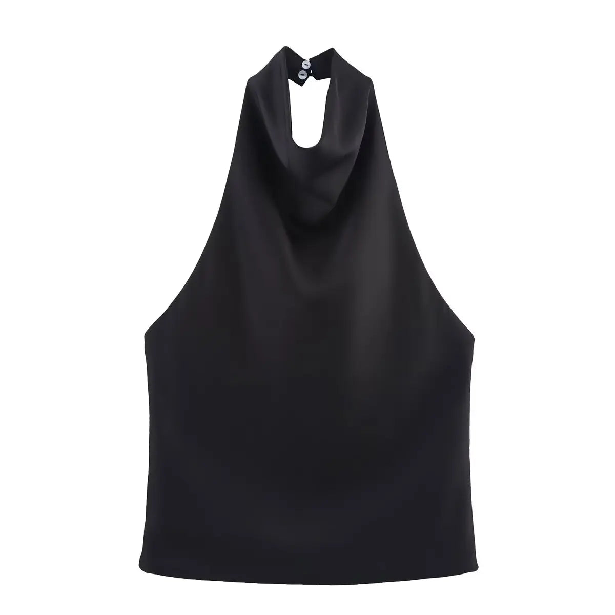 Sleek Solid Color Back Button Halter Neck Top for Women