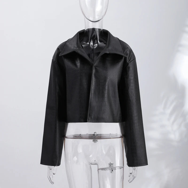 Retro Snake Print Faux Leather Cropped Jacket for Women