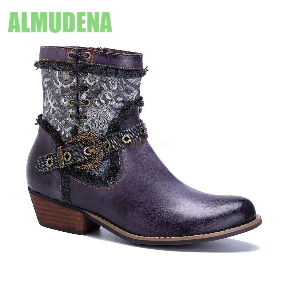 Vintage Western Short Boots With Square Heel And Belt Buckle For Women