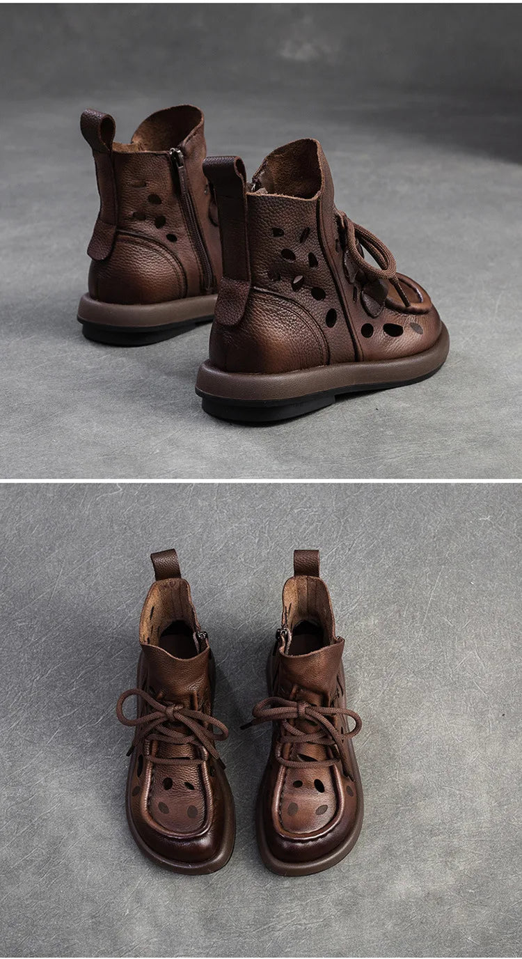Breathable Hollow-Out Genuine Leather Ankle Boots for Women