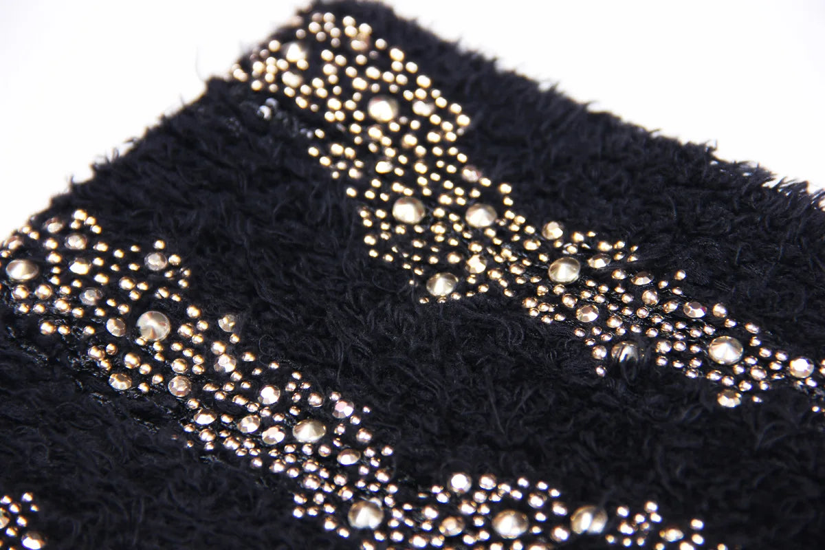 2025 Autumn New Heavy Knitted Hot Diamond Long-sleeved Jacket Sexy Vest + Skirt Set Light Luxury Party Women Three-piece Set
