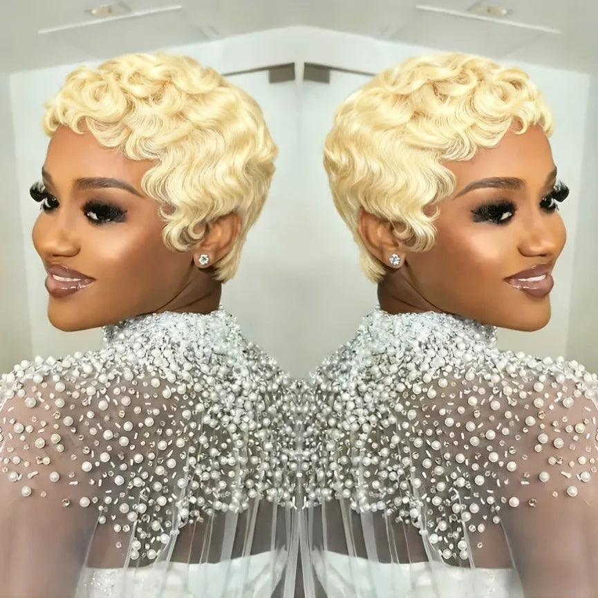 Natural Blonde Short Wavy Pixie Cut Human Hair Wig For Women