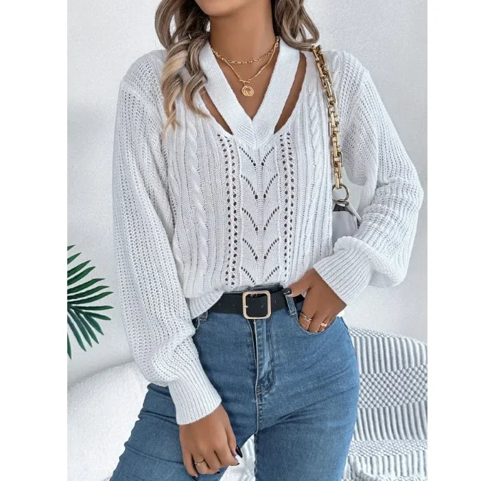 Casual Sweater Women Streetwear Hollow V-neck Elegant Lantern Sleeve Head Tops 2024 Autumn/Winter New Long Sleeved T-shirt Y2k