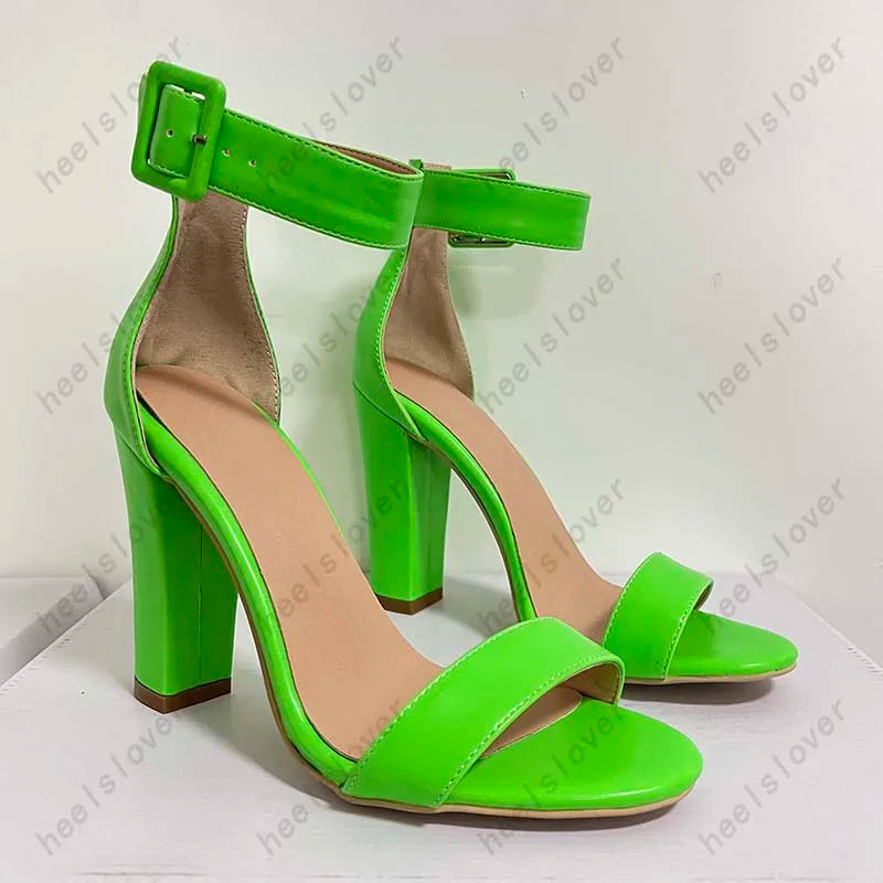 Elegant Green Square Toe Buckle Strap Heeled Sandals For Women