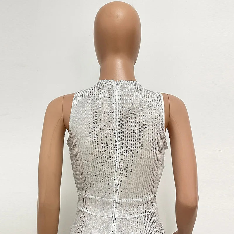 Elegant Silver Sequined Straight Cut Jumpsuit for Women