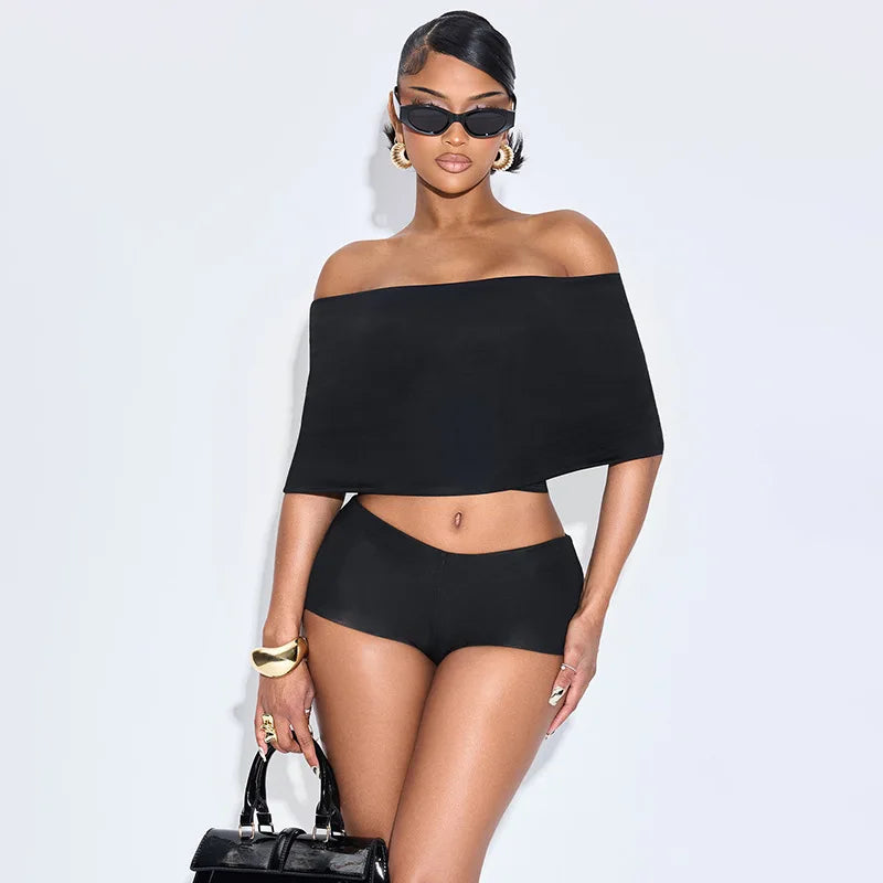 FAGADOER Y2K Sexy Streetwear 2 Pieces Set for Woman Off Showlder Sleeveless Backless Crop Top and Shorts Suit Female Clothing