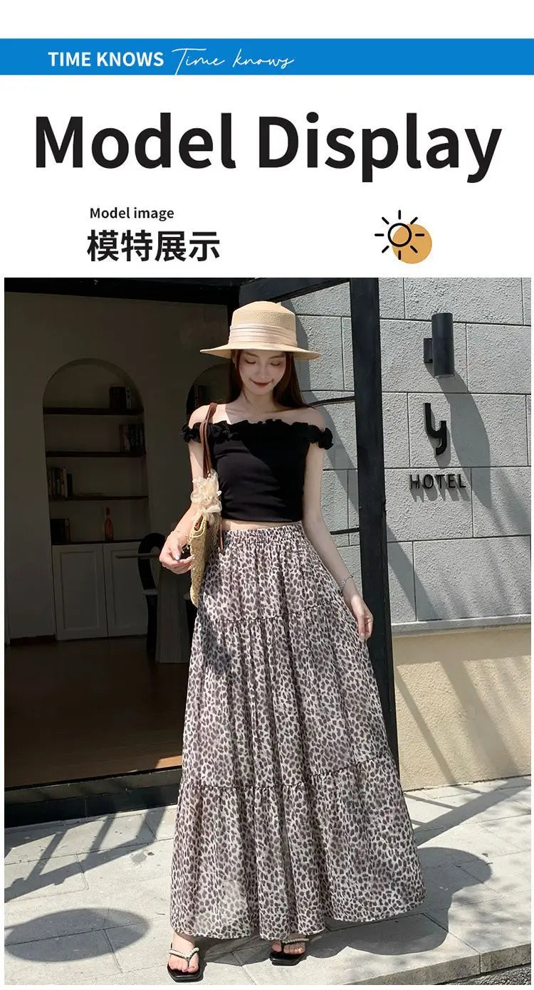 Vintage Leopard Print Tiered Maxi Skirt For Women