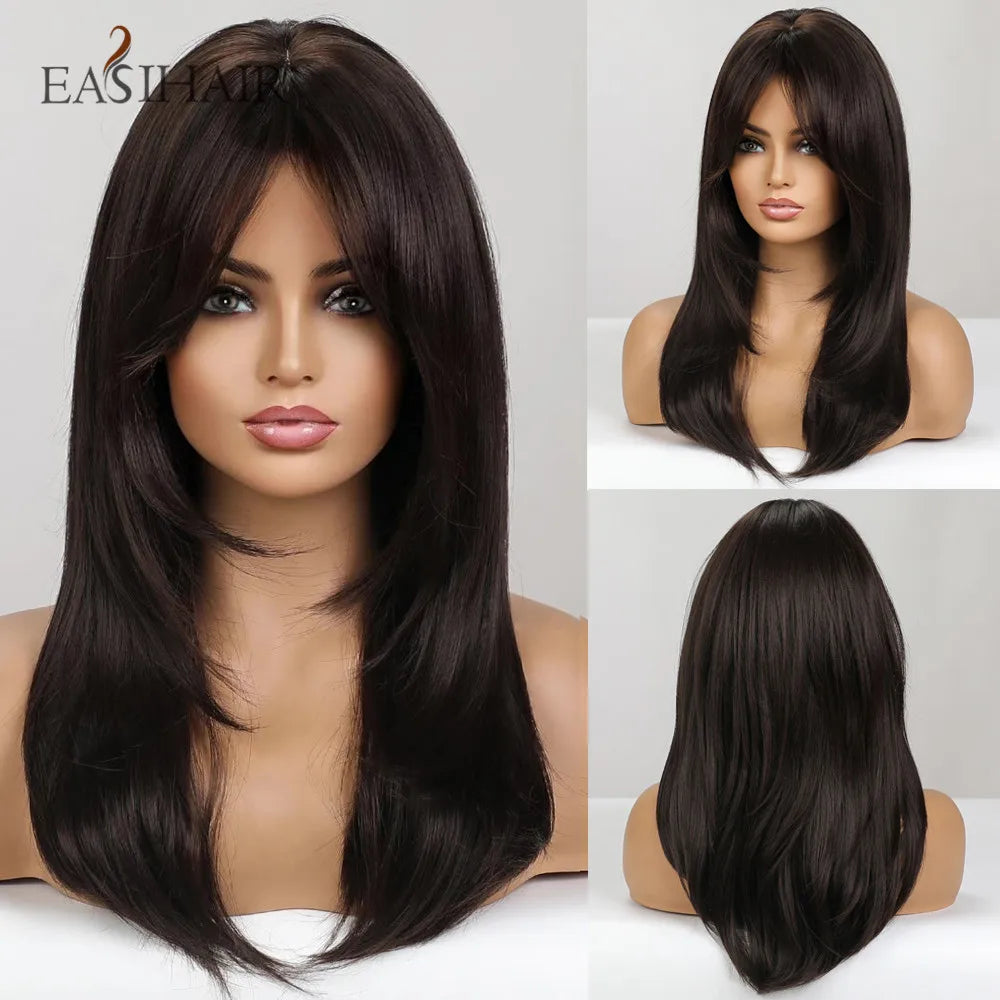 Dark Brown Synthetic Layered Wig With Bangs for Women