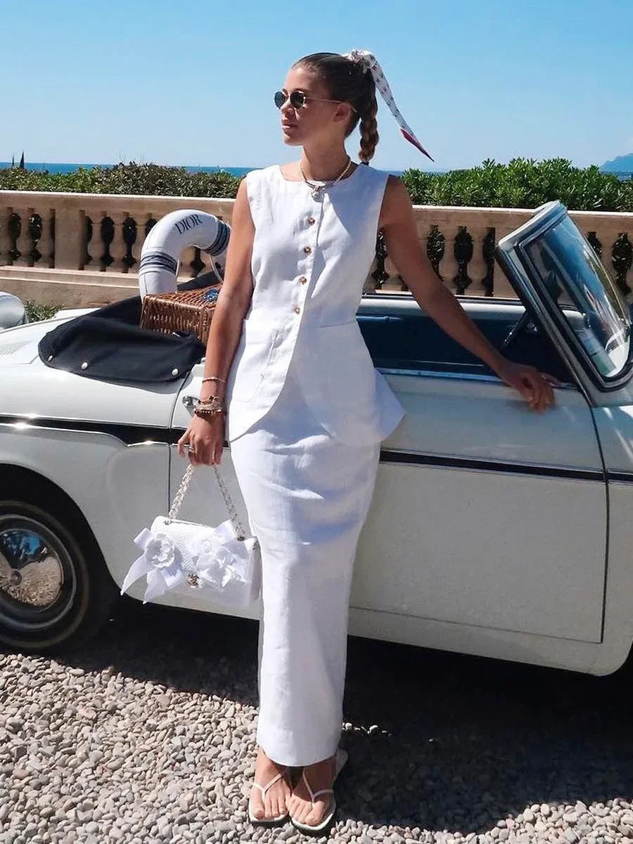 Breathable Linen High Waist Vest And Skirt Set For Women