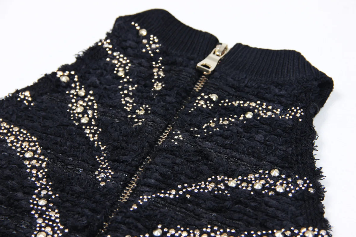 2025 Autumn New Heavy Knitted Hot Diamond Long-sleeved Jacket Sexy Vest + Skirt Set Light Luxury Party Women Three-piece Set