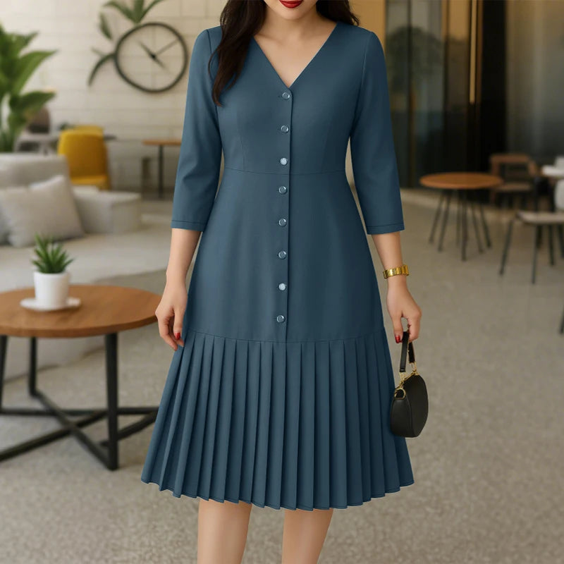 Pleated V-Neck Midi Dress