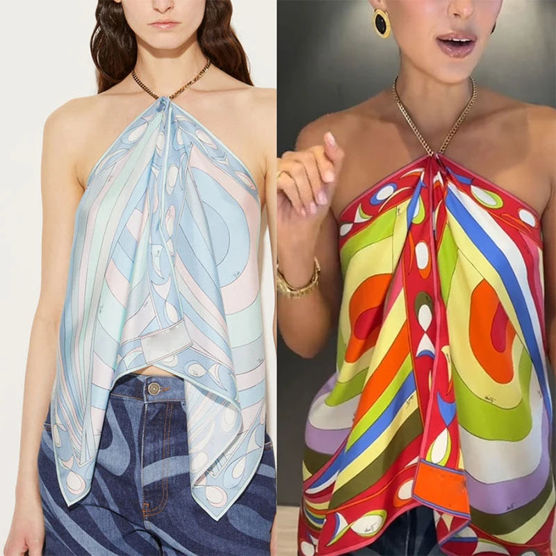 New 2025 Vacation Hollow Sleeveless Bohemian Shirt Chain Halter Pleated Club T-shirts Satin Print Slim Fit Women's Top Blouses