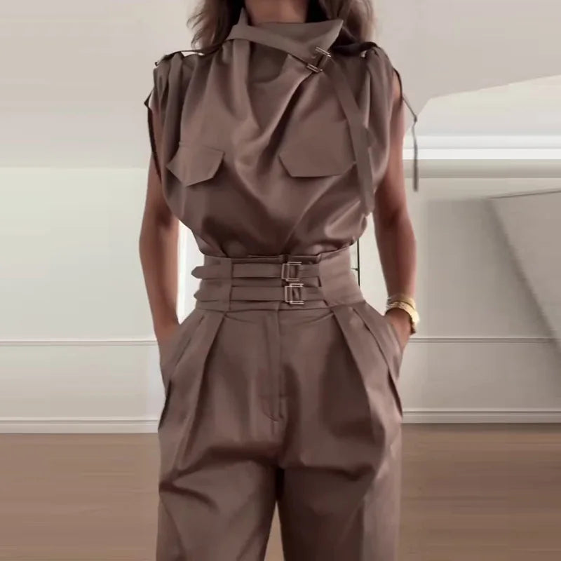 Sleeveless Turtleneck Simple Matching Set, Women Summer Cargo Pants Fashion Outfit, Solid Patchwork Chic Ladies Suits Streetwear
