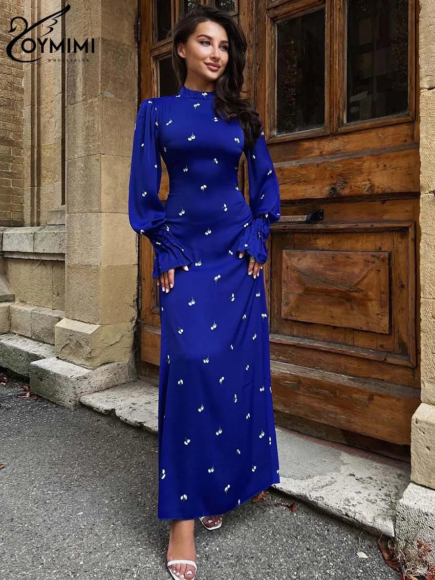 Oymimi Elegant Black Print Dresses For Women Fashion O-Neck Long Sleeve Dresses Casual New High Waist Lace-Up Ankle-Length Dress