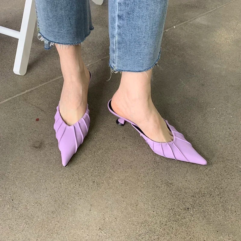 Casual Pleated Thin Heel Cushioned Slides for Women