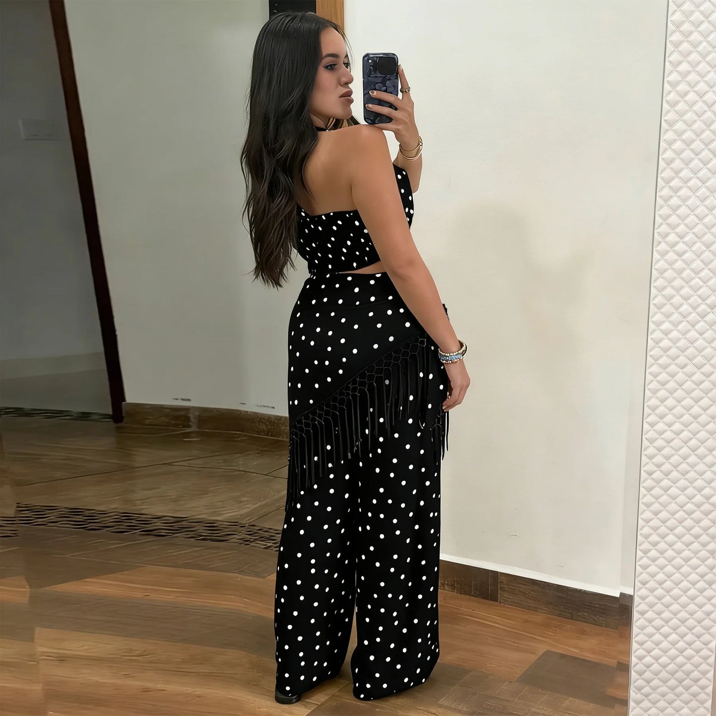 Polka Dot Print Halter Crop Top Tassel Fringe Two Piece Outfit for Women