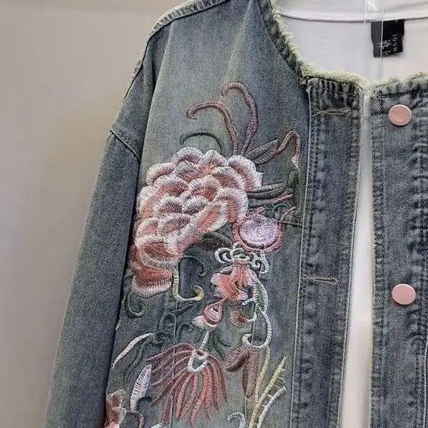 Lightweight Loose Embroidered Denim Jacket for Women