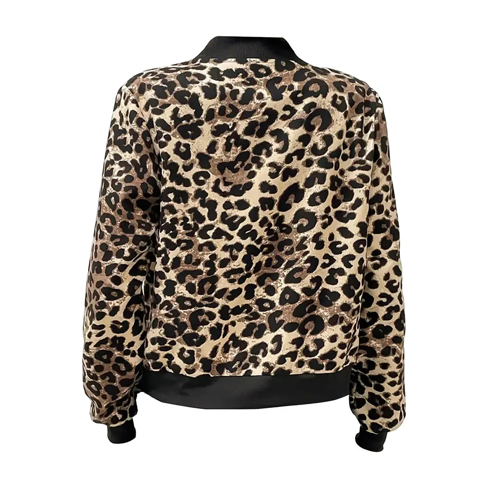 Women's Leopard Stand-Up Collar Long Sleeve Zipper Cardigan Coat Jackets Autumn Ladies Casual Loose Outwear Outcoat Size S-2XL