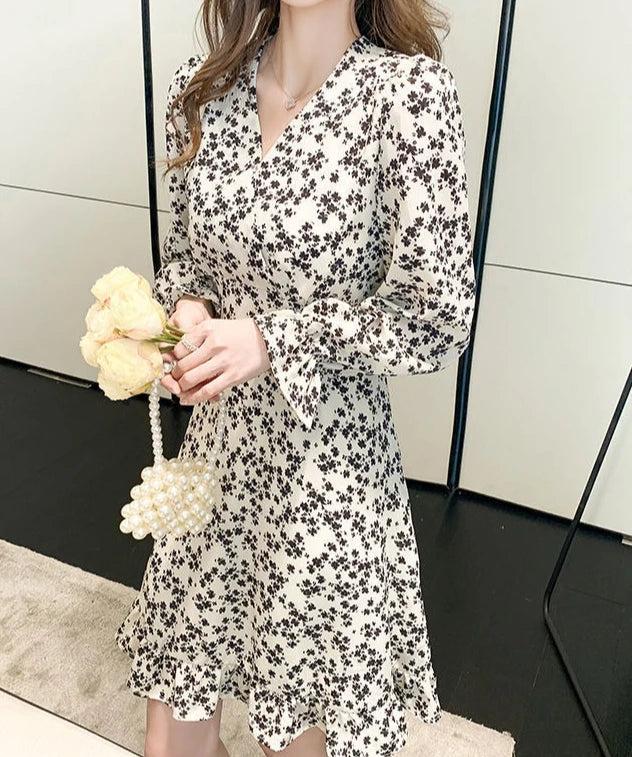 Floral Woman Long Sleeve Dress Chic And Elegant Pretty High Quality Flower Luxury Outfits Casual Youth Midi Dresses for Women