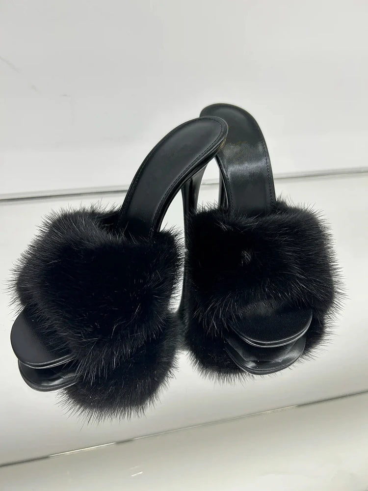 Fur Trim Open Toe Stiletto Party Sandals for Women