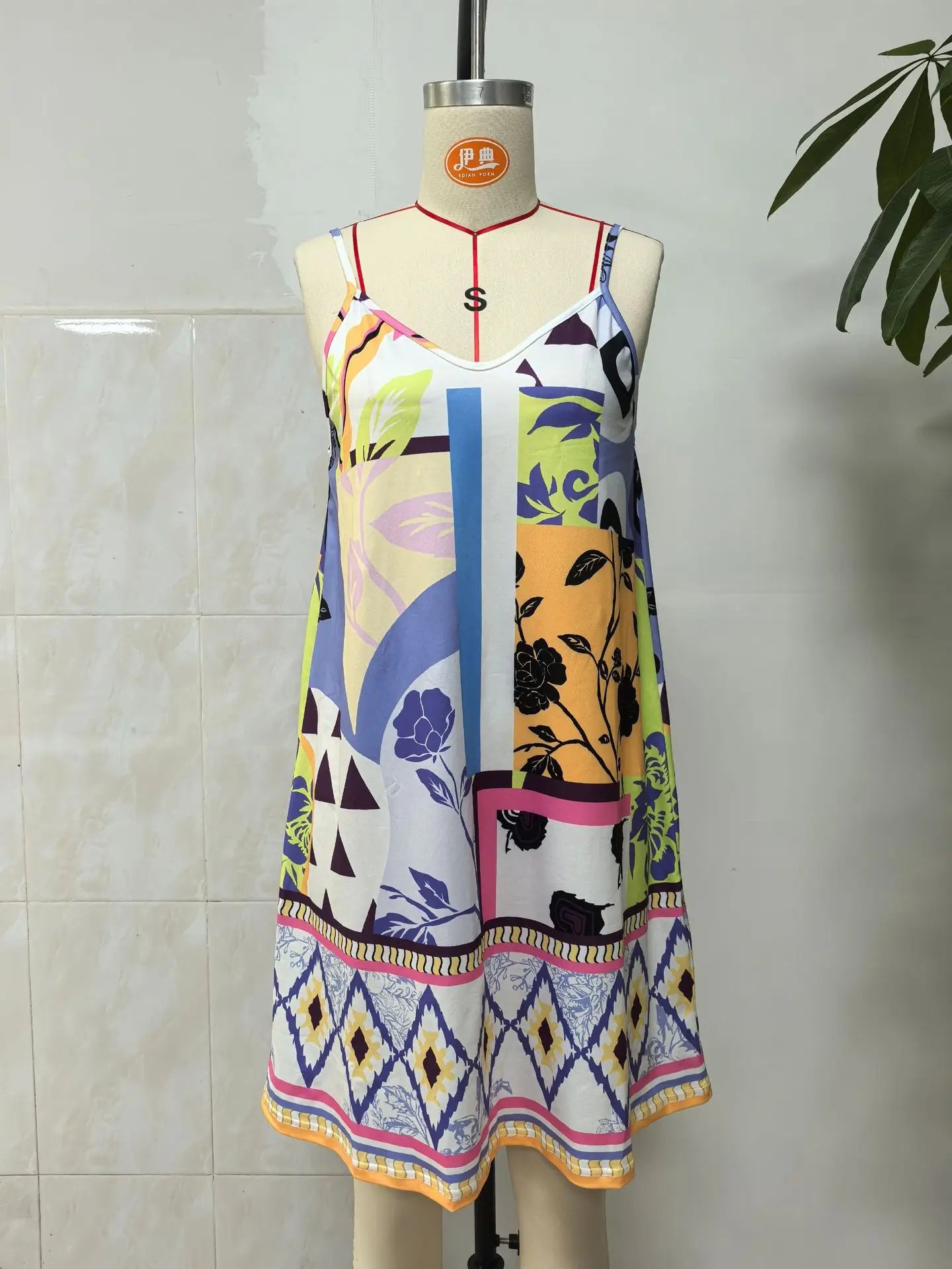 Geometric Print Backless Sleeveless Slip Dress for Women